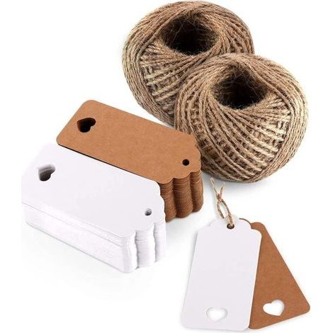 Lot de 100 étiquettes en papier kraft naturel avec ficelle en jute 30 m – idéales pour emballages cadeaux mariage, Noël et fêtes (1/5)