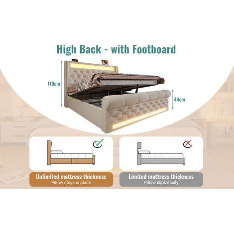 Cama 160x200 beige de terciopelo, con LED y almacenaje, ahorra espacio, sin colchón – MEUBLIV (1/5)