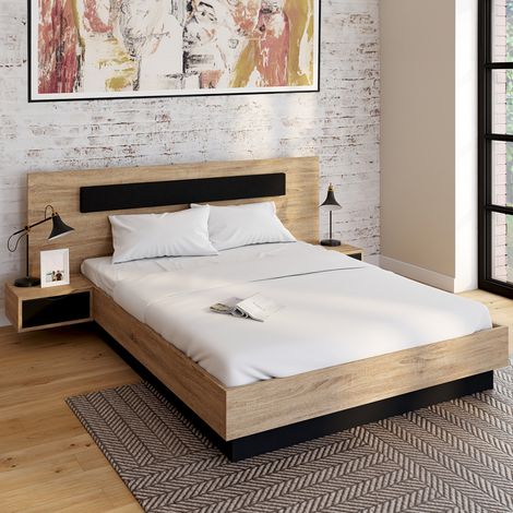 Cama doble SANTA con mesillas de noche integradas y somier de 140x190cm de madera y negro