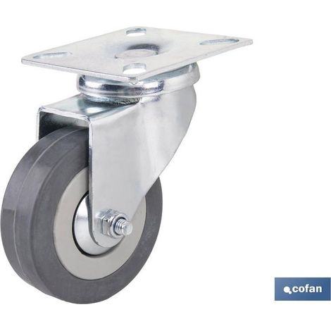 Roue en caoutchouc gris avec plaque, diamètre 65 mm, supporte jusqu'à 45 kg, pour usage industriel et domestique.