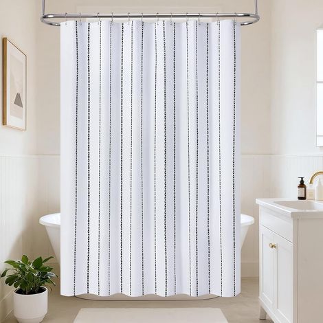 Rideau de Douche Bohème à Bande, Tissu Polyester-Lin à Bande, Revêtement Imperméable Rideaux de Douche pour Salle de Bain Style Campagnard Rustique Shabby Chic Neutre, 182 x 182 cm (1/5)