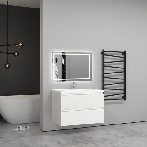 Aica Sanitaire – Meuble salle de bain blanc 79x44.5x52cm avec vasque suspendue – 2 tiroirs à fermeture amortie – MDF écologique – Montage facile (1/5)