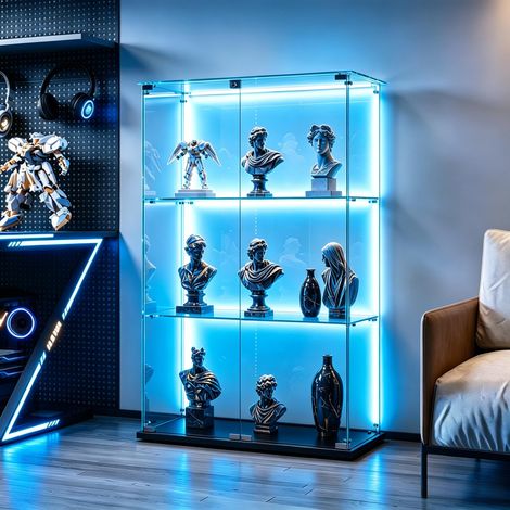 FOERPL-Glasvitrine mit LED-Beleuchtung, Säulenvitrine mit 3 Ablagen für Sammlungen, Glas-Weinschrank mit 2 Tür und Schloss Vertikale Sammlungsvitrine/Aufbewahrungsvitrine