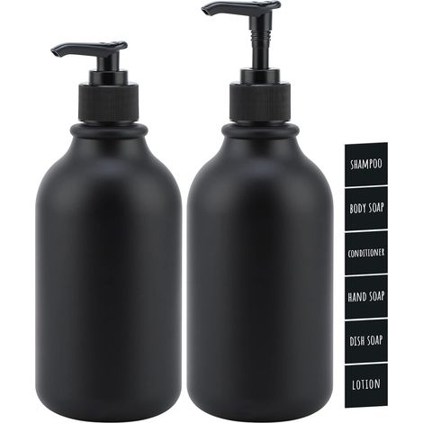 Distributeur Savon Noir Mat, 500ml 2 Pièces Flacon Pompe Set de Shampooing et Gel Douche, Lotion, Rechargeable Bouteilles Vide avec Étiquette avec Pompe, pour Bain, Cuisine, Hôtel-Buse Ronde (1/5)