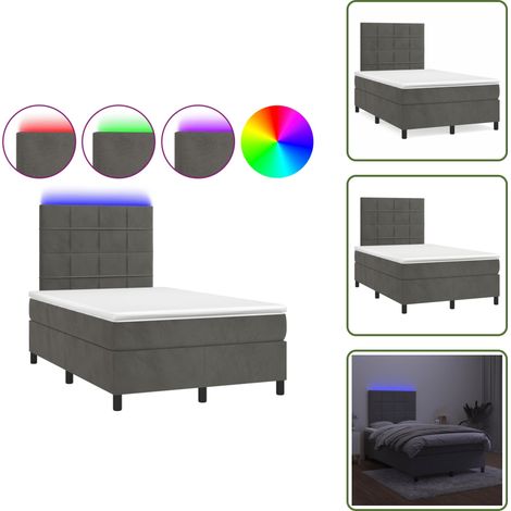 Sommier à lattes de lit avec matelas LED gris foncé 120x190 cm - Lit Plateforme - Lit Capitonné - Lit Design - Lit Velours - Tête De Lit Ajustable (1/5)