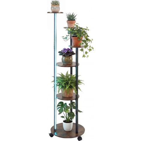 Support pour Plantes d'Intérieur à 6 Niveaux, Étagère d'Angle avec Roulettes Lumières LED 16 Couleurs Télécommande 7 Modes, Marron (1/5)
