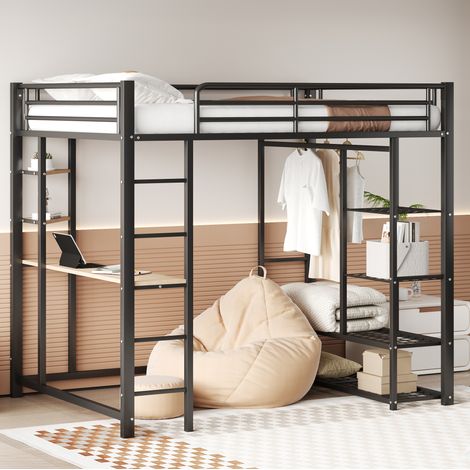 MEUBLIV Hochbett 140x200 cm Schwarz – mit Schreibtisch und Stauraum, ohne Matratze (1/5)