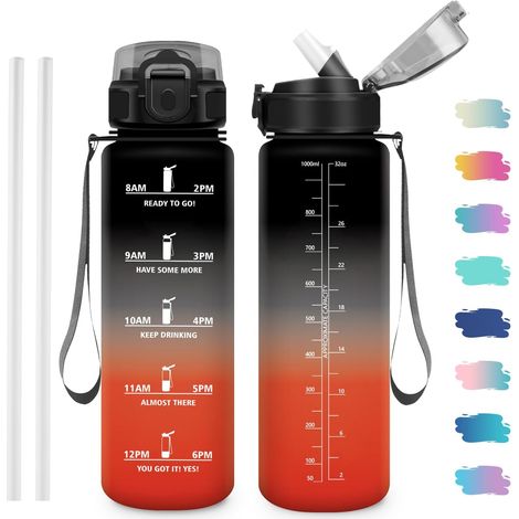 Borraccia da 1 litro, borraccia motivazionale con timer, borraccia con cannuccia, borraccia senza BPA per yoga, scuola, campeggio, ufficio (1/5)