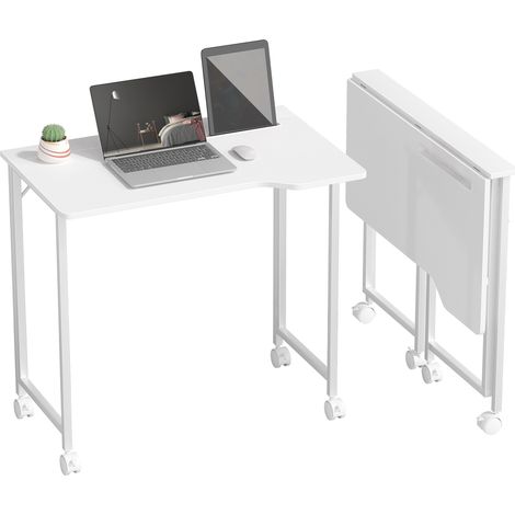 HOMCOM Small Writing Desk with Wheels, Folding Study Table, White