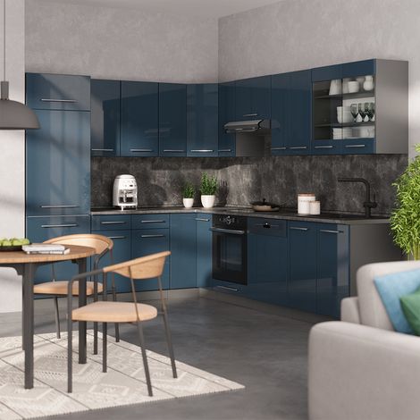 Cuisine d'angle Fame-Line, Bleu foncé brillant/Anthracite, 287 x 227 cm sans PT, Vicco