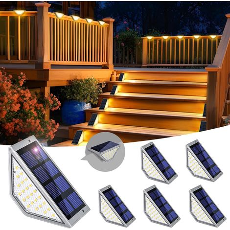 Lot de 6 lampes solaires d'extérieur étanches pour escalier, terrasse, porche, terrasse, clôture, jardin, cour (blanc chaud, gris) (1/5)