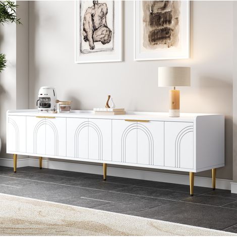 TV Schrank (170x35x47.5 cm), mit 3D Türdesign, Kabeldurchführung, goldenen Akzenten, MDF, Weiß (1/5)