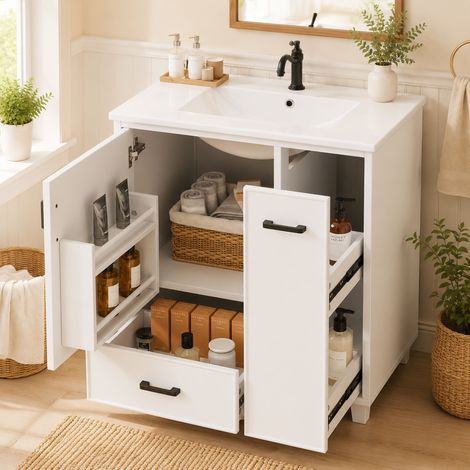 BATDTECH - Mueble de Baño con Lavabo de Cerámica 76.5cm, Mueble Lavabo Suelo Blanco con 2 Cajones y Estantes, Armario de Baño Moderno con Cierre Suave y Almacenamiento