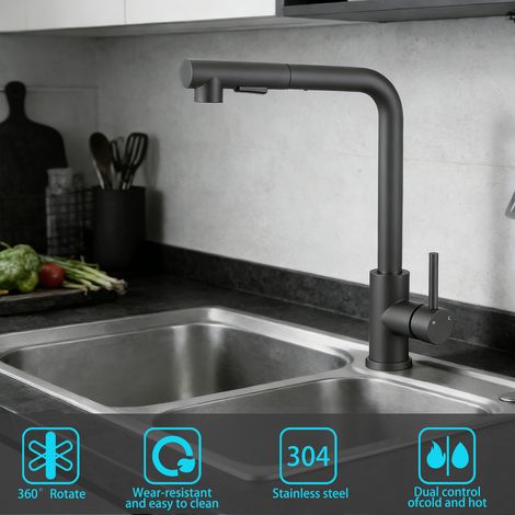 Duschparadies Ausziehbarer Küchen Wasserhahn 360° Schwenkbar Hochdruck 2 Strahlarten Einhandmischer Gunmetal Grau (1/5)