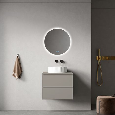 Mobile bagno sospeso 60 cm Grigio Cenere per Lavabo d'appoggio Specchio Tondo Retroilluminato - Fiji Paint Top
