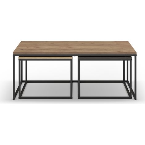 Set de 3 tables basses, tables de salon aspect bois coloris chêne, noyer et métal coloris noir (1/5)