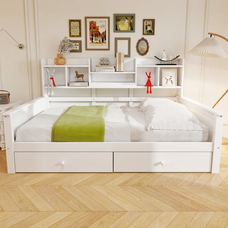 Canapé-lit blanc 90x200 avec rangements, tiroirs et étagères, sommier à lattes, lit enfant/junior, bois massif, couchage simple 1 place (1/5)