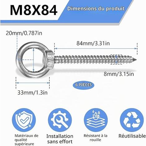 Screw Eye Piton Stainless Steel 304 for Swing M8 x 84 mm (1/4)