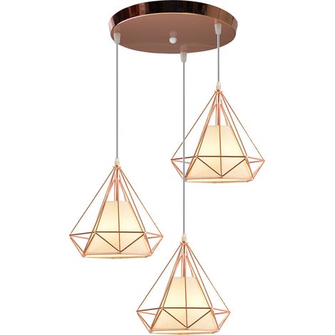 3 Flammig Pendelleuchte Retro Diamant Käfig Eisen E27 Runde Basis für Flur Küche Schlafzimmer Wohnzimmer Cafét (Roségold)