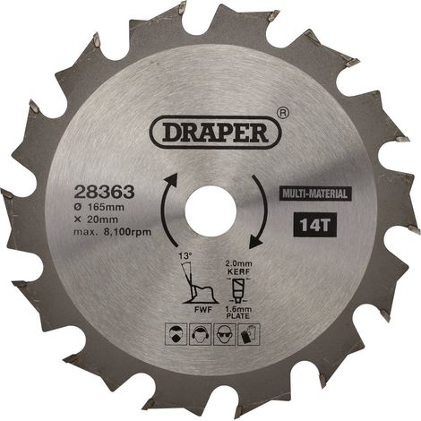 Lame de scie circulaire multifonction TCT 28363, 165 x 20 mm, 14 dents, argent, taille unique