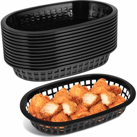 Paniers De Restauration Rapide Noirs - Corbeille à Pain Ovale En Plastique RéUtilisable 23cm - Plateau Pour Burger Frites Hot Dog Sandwich Fruit Sweets - Accessoires Service Bbq (1/5)
