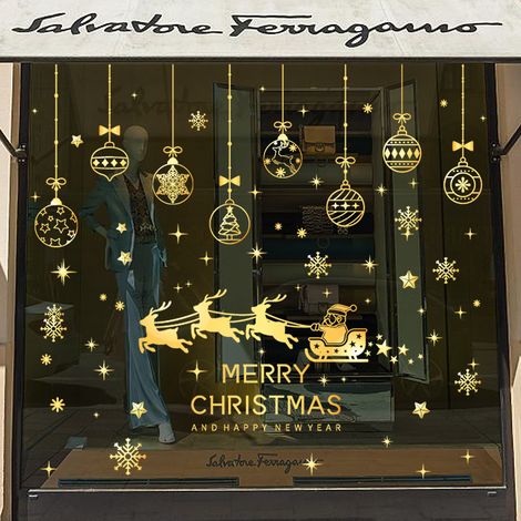 Autocollants de Noël dorés, traîneau du Père Noël, autocollants électrostatiques, décorations de Noël, autocollants pour fenêtres, décorations de fêtes, autocollants pour verre