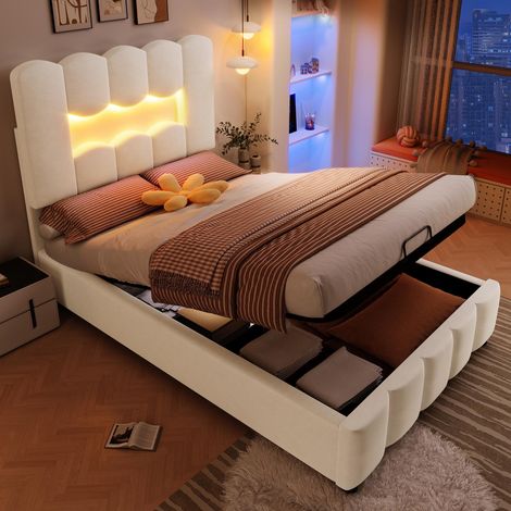 Lit capitonné, 90x200cm, sans matelas, éclairage LED, mécanisme hydraulique, tête de lit réglable, velours, beige, garantie 2 ans