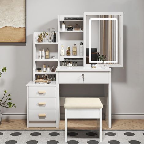 Tocador de MDF blanco con espejo LED y taburete, estilo retro clásico (1/5)