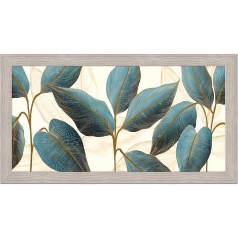 Lupia - Quadro moderno, per soggiorno camera da letto, con cornice BOSTON colore BEIGE, 60x110 cm, BLUE FLOWERS stampa su pannello in legno, stile floreale blu e oro (1/4)