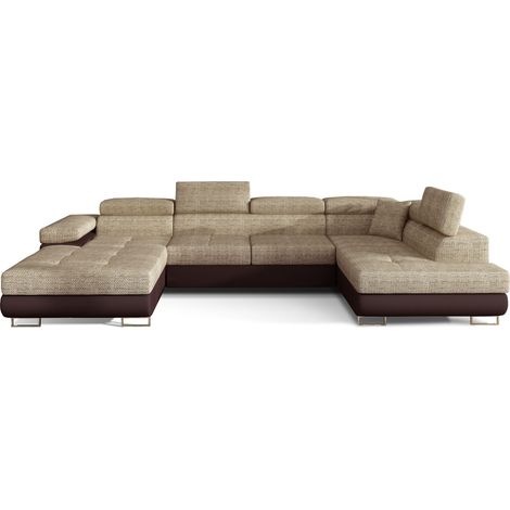 Canapé panoramique convertible ROMANO - Rangement et appuie-têtes réglables à droite-Marron/Beige chiné-Coffre à droite (1/5)