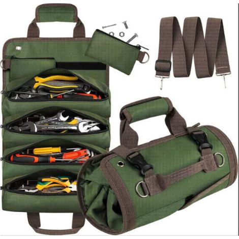 Sac à outils enroulable, sac à outils robuste avec 4 poches et 2 pochettes détachables, sac à outils organisateur pour papa, mécanicien, électricien, réparateur, vert (1/4)