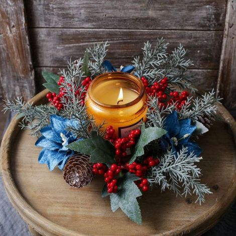 Couronne De Noel - Pommes De Pin Et Baies Rouges - Pour Table De Noel Decoration Interieure - Bleu Fonce - 2 Unites (1/5)