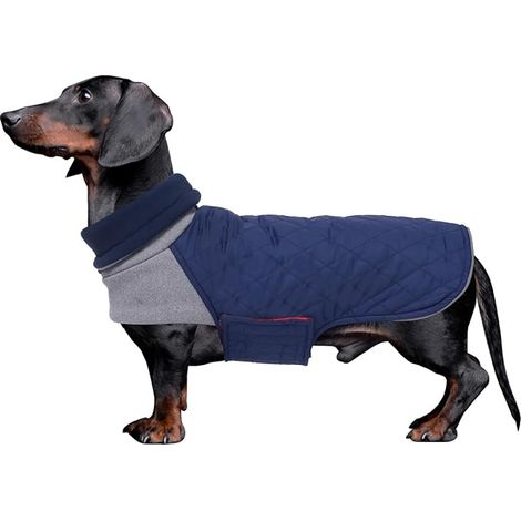 Dog Winter Coat for Dachshund, Waterproof Pullover for Miniature Dachshund with Hole for Harnesses, Collar Sweaters Jacket for Dogs, Dachshund Vest for Small Dogs-Dark Blue-L (1/5)