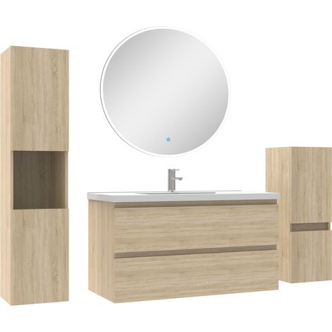 Ensemble meubles Salle de Bain 100cm simple vasque + colonne + miroir rond mural Chêne Wotan