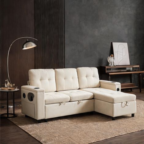Canapé d'angle convertible 3 places en tissu beige 208 cm (1/5)
