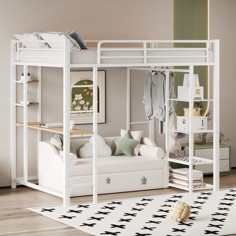 Hochbett Einzelbett 90x200 mit Tisch und Schrank HAVRYA