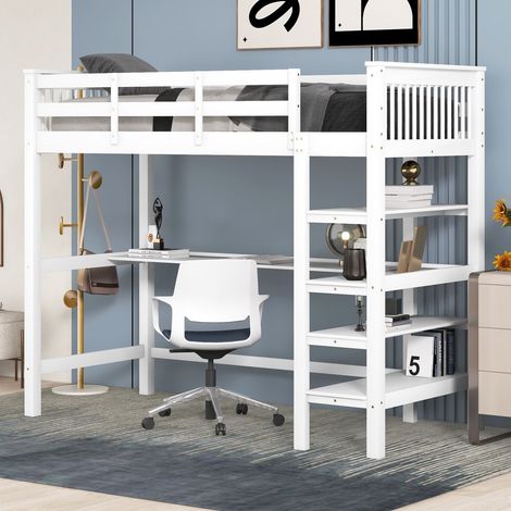 Hochbett 90x200 cm, mit Schreibtisch, Regalen und Treppe, Lattenrost und Sicherheitsgeländer, Kinderbett Holz Weiß