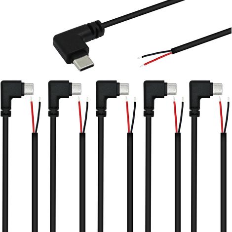 6 PCS Queue de Cochon USB Type-C,Angle Droit de 90 degrés 22AWG 5V/3A Prise USB-C vers Fil Nu à 2 Broches,USB Type C rallonge de câble, Prise USB C à souder pour Les bricoleurs (25 cm)