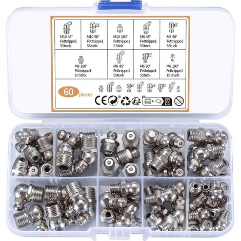 60 Pièces Assortiment de Graisseurs, Filetés de Graissage, M6 M8 M10 Raccords de Graisse, Raccords Filetage Mâle Graisseurs droit/45°/90° pour Équipement Mécanique graisseur a Visser (1/5)