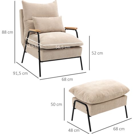 Polstersessel mit Hocker, Relaxsessel mit Liegefunktion, Polsterstuhl, Kissen, Fernsehsessel, 68 x 91,5 x 88 cm, Beige (1/5)