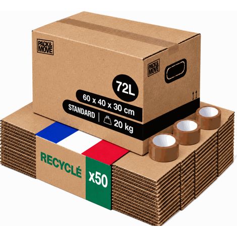 Pack and Move - Lot 50 Cartons Déménagement Stockage M - 60 x 40 x 30 cm - Poignées renforcées - 3 adhésifs offerts (1/5)