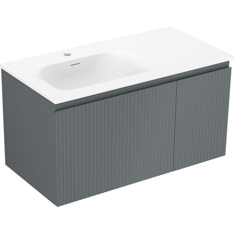 Mexen Rivel Badezimmerschrank 90 cm mit Waschbecken Vela links, 1S, 1D, geriffelt, Graphit matt/weiß matt - 91A23-09047-3-BBFF6