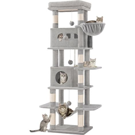 210 cm Grand Arbre à Chat, Tour à Chat pour Chats d'intérieur, avec Grand Perchoir, Tapis Lavable, 2 Niches Chats, 8 Griffoirs, Hamac, Pompons, Gris Clair MS21018LG (1/5)