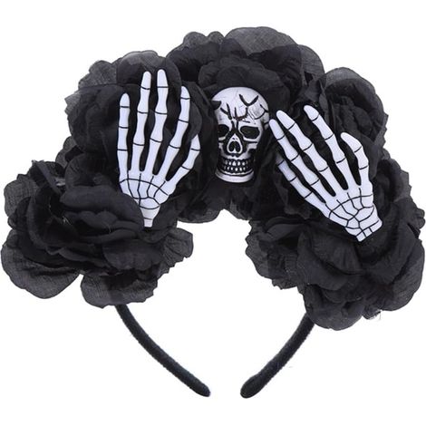 Couronne de fleurs gothiques pour femme - Tête de mort gothique - Bandeau d'Halloween - Serre-tête squelette - Bandeau jour des morts (1/5)