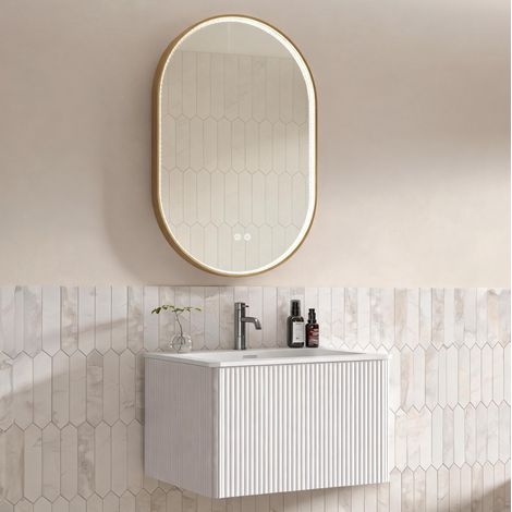 Set bagno sospeso bianco con lavabo integrato, cassetto e specchio LED 50 x 80 cm OKWISH (1/5)