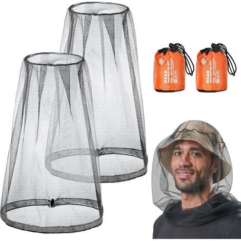 Rete antizanzare per la testa (2 pezzi), nera, con borsa per il trasporto, protezione dagli insetti, ideale per apicoltori e campeggio all'aperto. (1/4)