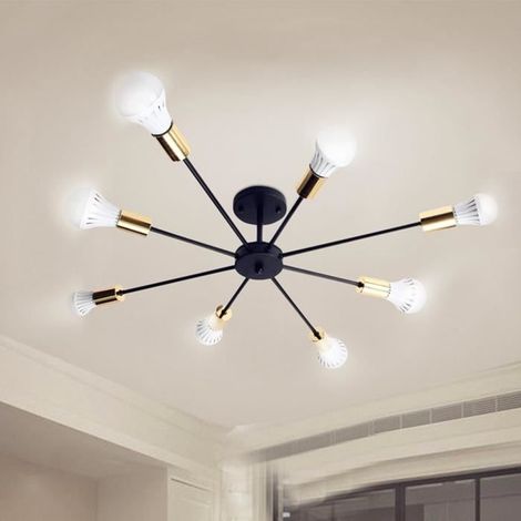 Plafonnier Lustre Vintage Lampe Industrielle Cuisine Salon Noir 8Heads E27(sans ampoule) (1/4)