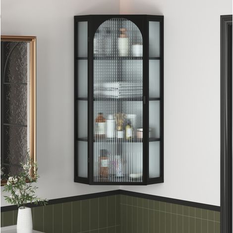 Meuble de rangement mural d'angle 4 niveaux en verre trempé et métal, 56 x 40 x 105 cm, noir HAVRYA (1/5)