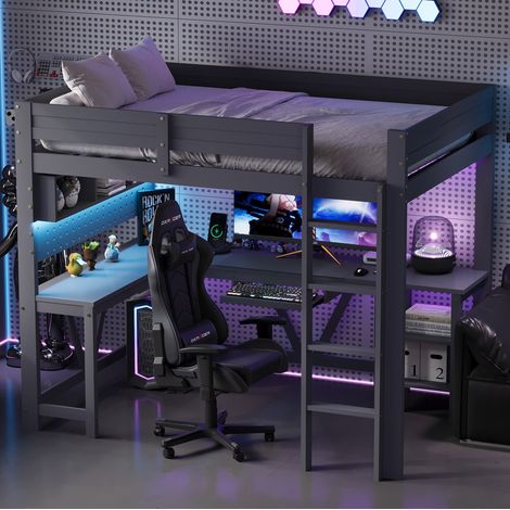 DESVIAE Lit mezzanine gaming 90 x 200 cm avec bureau rangement LED station de charge en bois MDF pin gris pour chambre enfant adolescent (1/5)