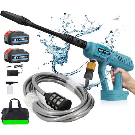 Teetok – Nettoyeur haute pression sans fil 18V – 45 bars – 2 batteries 3000mAh – Tuyau de 5m – Mousse rapide – Compatible avec Makita
